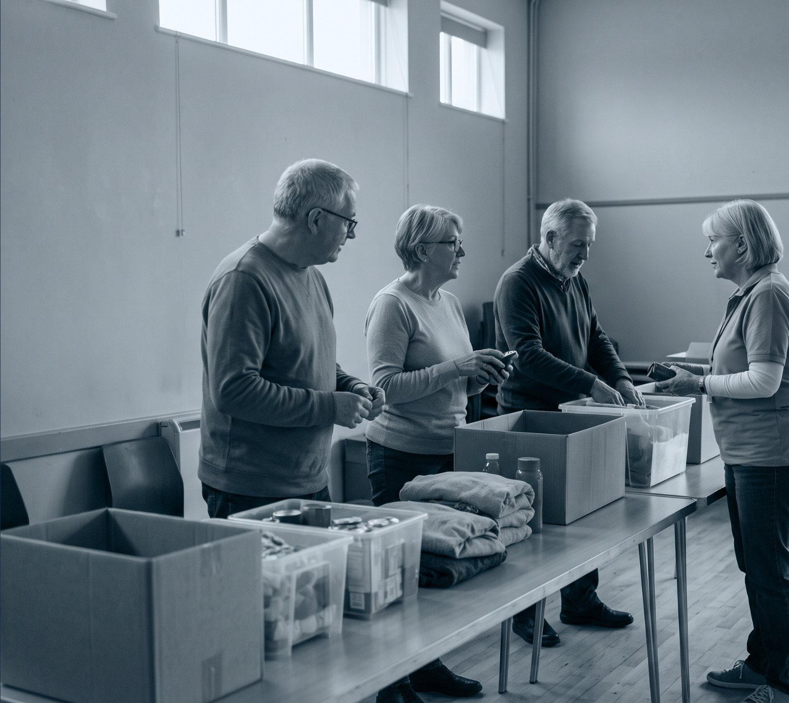 Four older volunteers sorting donated clothing and supplies at a long table in a community hall